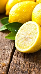 Fresh lemons on a wooden surface, showcasing their vibrant color and texture.