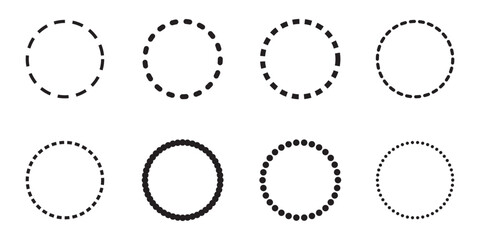 Set of circle shapes with dashed lines, Dashed and dotted circle icon. Black and white broken rings. Dotted round lines, Cut here pictograms for coupons or tags. Vector outline.