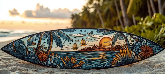Die Cut Sticker Design on Surfboard with Tropical Beach Setting for Adventure