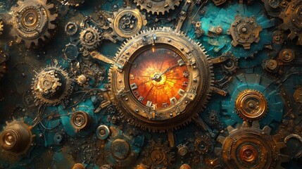 Ornate clockwork mechanism, gears, and fire.