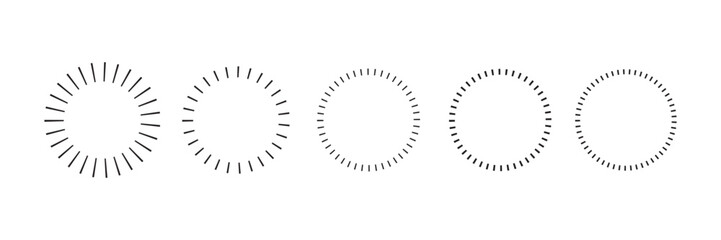 Set of circle shapes with dashed lines, Dashed and dotted circle icon. Black and white broken rings. Dotted round lines, Cut here pictograms for coupons or tags. Vector outline.