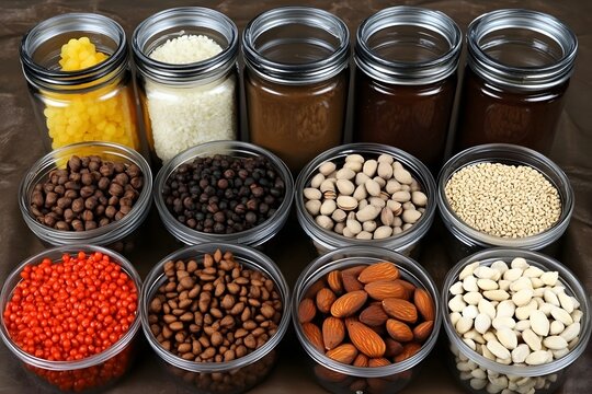 Assorted nuts seeds and spices in mason jars and bowls