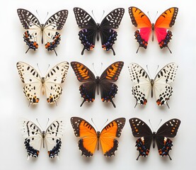 Colorful butterfly collection displayed in symmetrical grid