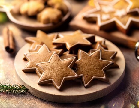 star shape ginger bread cookies on table for holiday party