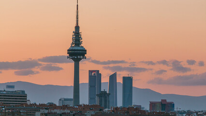 Madrid evening skyline timelapse with some emblematic buildings and towers