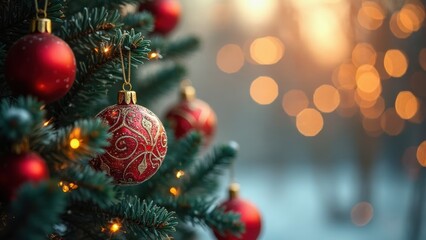 Festive Decorations With Red Ornaments Reflecting the Joy of Christmas and New Year Celebrations