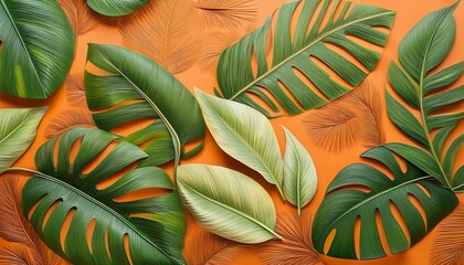 tropical leaf pattern a repeating pattern of green leaves on a warm orange background evoking a sense of summer and tranquility