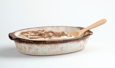A white bowl with a wooden spoon in it