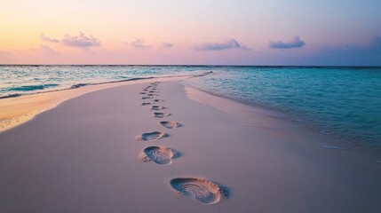 Path of beginning and start exploration, A serene beach scene at sunset, featuring footprints in the soft sand leading towards the tranquil sea.