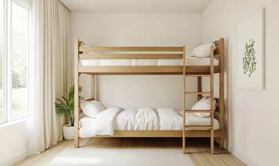 A wooden bunk bed with a white sheet and two pillows