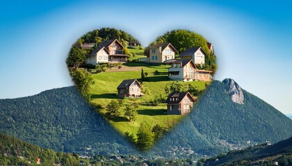 a heart shaped mountain with houses on top