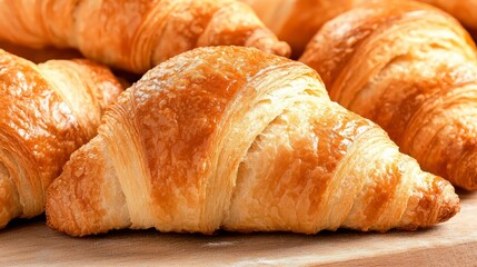 Freshly baked golden croissants arranged on a wooden surface.