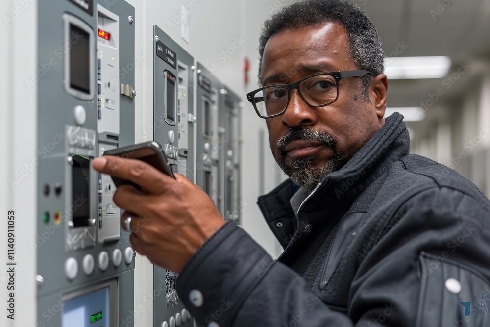 Poster african american utilizing security and alarm system via mobile device
