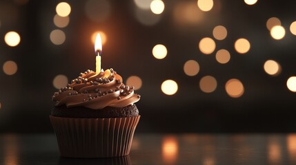 A sweet birthday moment, with a cupcake crowned by a flickering candle, casting warmth against the glow of blurred lights.