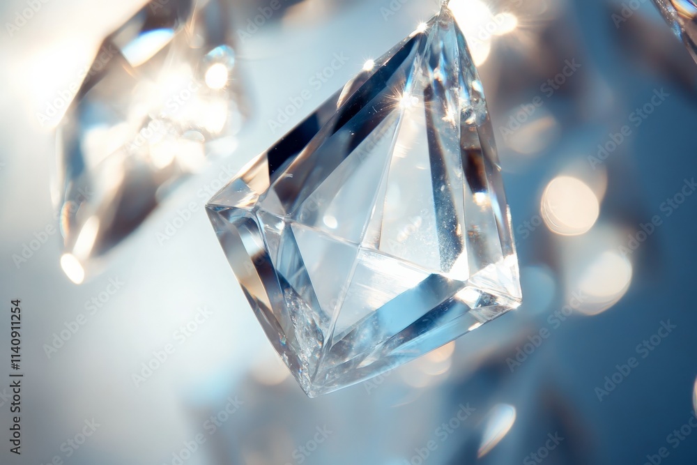 Poster An enchanting triangular crystal glimmers against a soft blue background, showcasing its sharp angles and facets that reflect and refract light, evoking feelings of tranquility and balance.