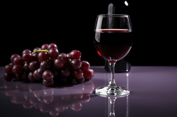 Elegant Glass of Red Wine with Fresh Grapes and a Bottle Against a Dark Background