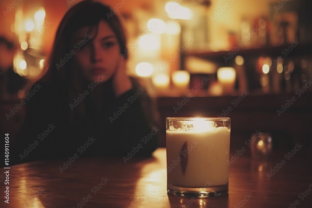 Aufkleber A serene candle illuminates a cozy table while a thoughtful woman sits in the background, creating a unique ambiance that evokes introspection and warmth in a dimly lit space.