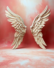 Fototapeta premium Elegant Vintage Style Wing Sculpture Against Soft Pink Background