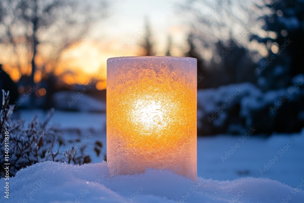 Poster an ice candle glows warmly against a snowy backdrop as the sky transitions to dusk. this beautiful c