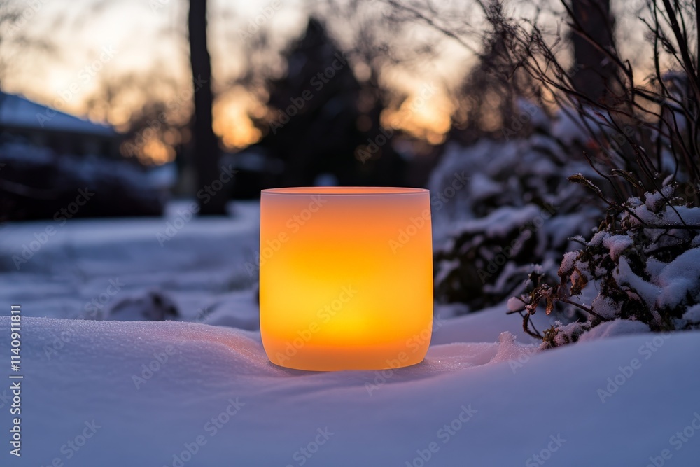 Poster a beautiful ice lantern emits a soft glow in the snowy terrain while the sun sets behind trees, show