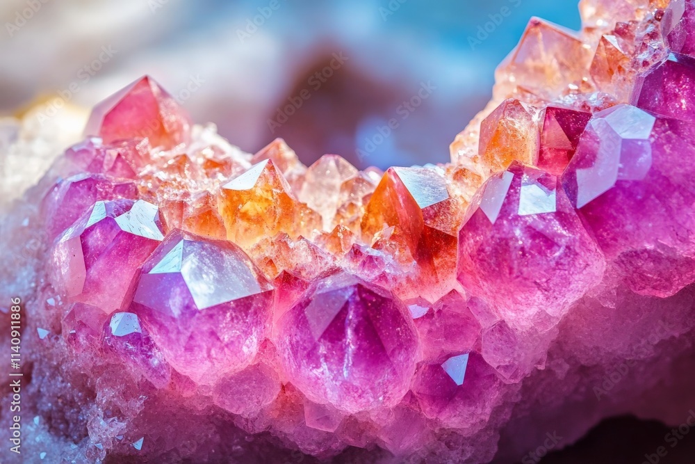 Poster a captivating close-up of a vibrant pink geode crystal displaying shimmering facets and crystal form