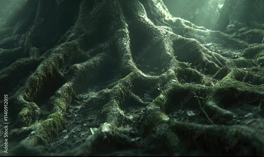 Poster a tree with roots that are green and fuzzy