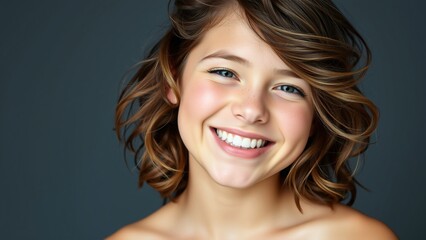Naklejka premium Portrait of a Cheerful Young Girl with Curly Hair Smiling Against a Dark Background