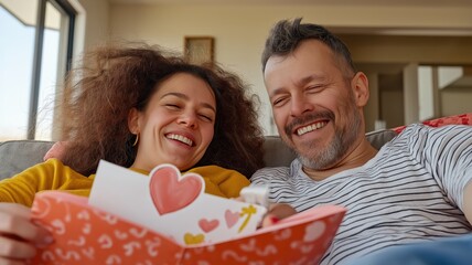 Happy couple is lying on a sofa at home, laughing while reading a valentine's day card together