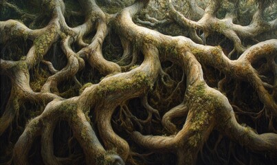 A painting of tree roots with moss growing on them