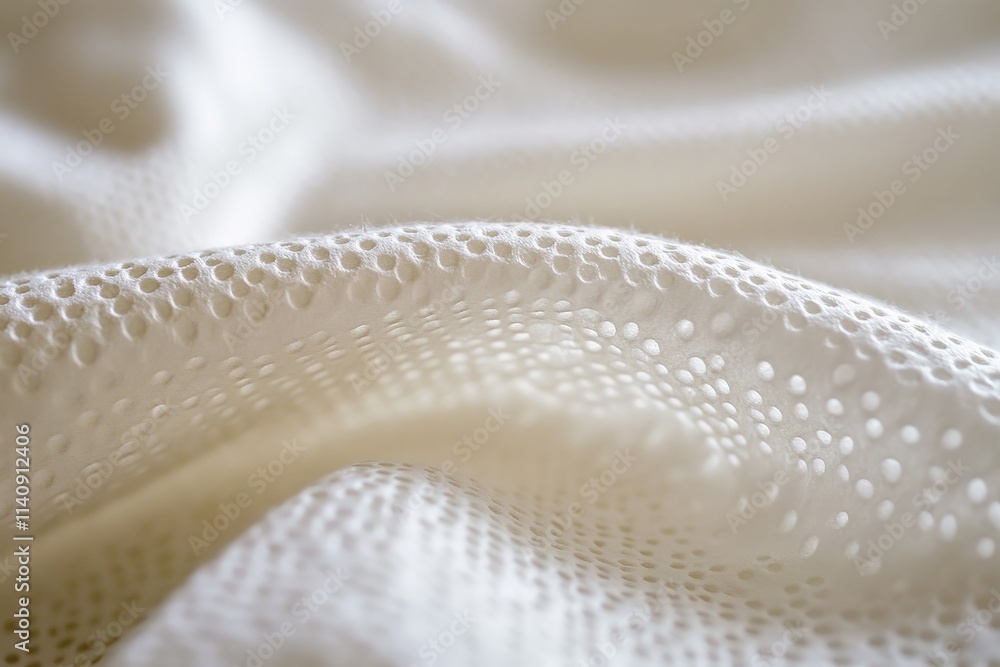 Poster an abstract close-up featuring a delicate white fabric with intricate perforations, showcasing the b