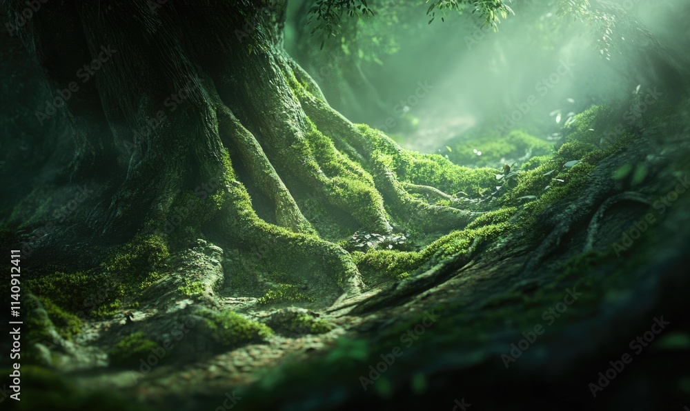 Poster a forest with a large tree trunk and green moss growing on it