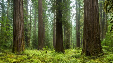 Lush forest scene with towering trees and vibrant greenery.