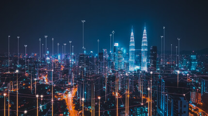 Fototapeta premium Smart digital city with connection cyber security network reciprocity over the cityscape . future smart wireless digital city and social media networking systems that connects people within the city