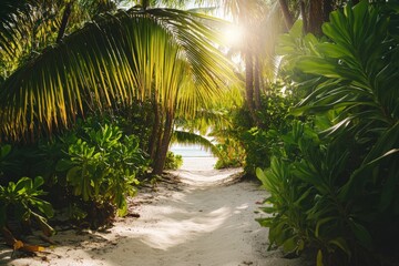 Obraz premium A beautiful shell rests atop the soft sand, surrounded by the gentle sway of palm trees, encapsulating a moment of coastal beauty and the simplicity of nature.