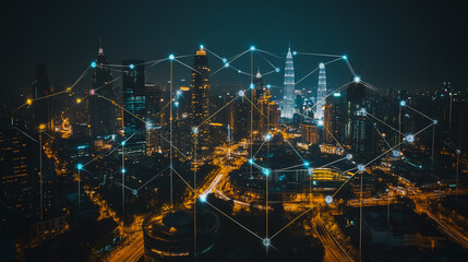 Smart digital city with connection cyber security network reciprocity over the cityscape . future smart wireless digital city and social media networking systems that connects people within the city