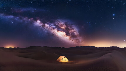 A Glowing Tent Illuminated by the Milky Way in a Serene Desert Landscape at Night