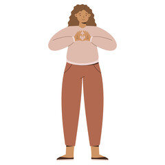 Illustration of a Smiling Woman with Curly Hair in Beige Sweater and Brown Pants Showing Heart Gesture