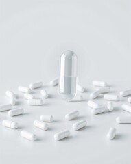 Floating Transparent Capsule Surrounded by White Pills on a Pure Background