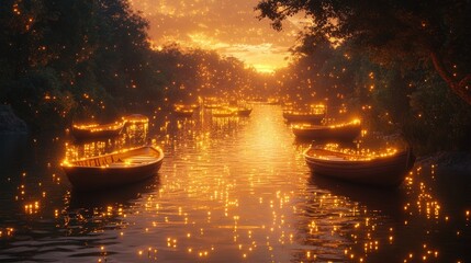 Fototapeta premium Firefly-lit boats float on calm, golden river.
