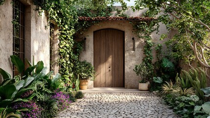 Fototapeta premium A stone path leads to a wooden door surrounded by greenery and potted plants on either side of a stone building