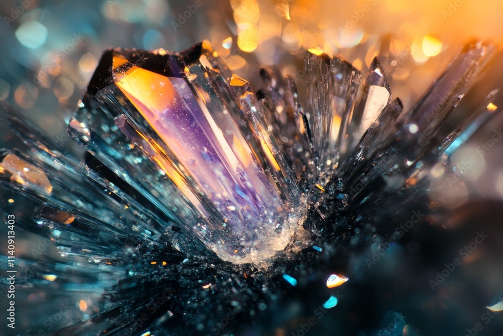 Poster a stunning close-up of a sparkling crystal cluster showcasing intricate shapes and colors, illuminat
