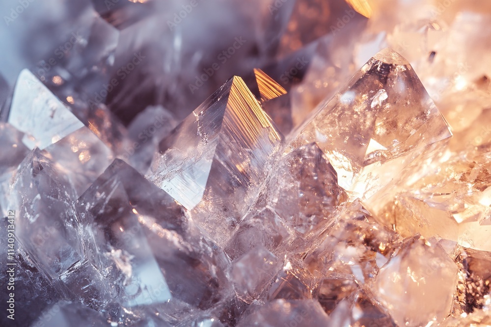 Poster a close-up view of clear quartz crystals, beautifully arranged, glistening under soft natural light,
