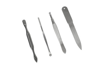Nail clippers and metal manicure set, isolated png background.