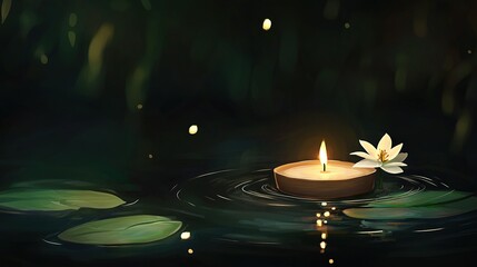   A candle floats atop water with a lily beside it