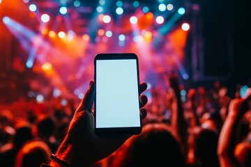 A person holds a smartphone in front of a lively concert setting, showcasing bright lights and a sea of enthusiastic fans enjoying the live performance in the background.