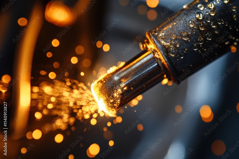 Fototapete an abstract close-up of a metallic surface emitting sparks with soft bokeh lights, embodying energy 