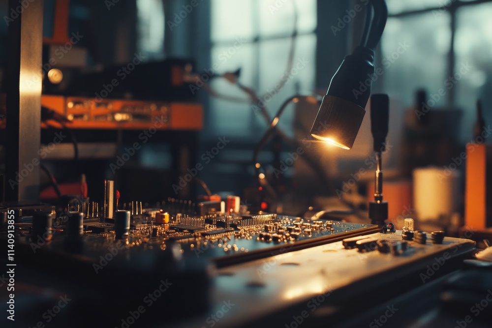 Fototapete A detailed view of a circuit board being worked on, illuminated by a focused lamp, showcasing the intricate components and a sense of technology in the workshop.