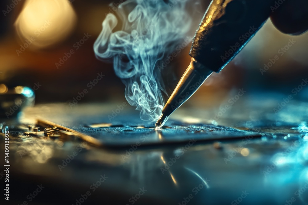 Aufkleber An artistic representation of a soldering tool in action, producing smoke while it delicately connects components on a circuit board, symbolizing craftsmanship and innovation.