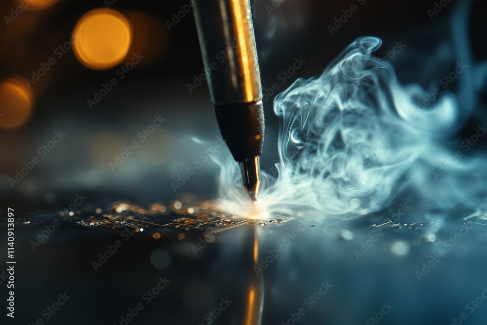 Aufkleber Capture the moment a soldering tool fuses components on a circuit board, emitting smoke and sparks, representing collaboration between man and machine in technology.