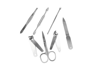 Nail clippers and metal manicure set, isolated png background.